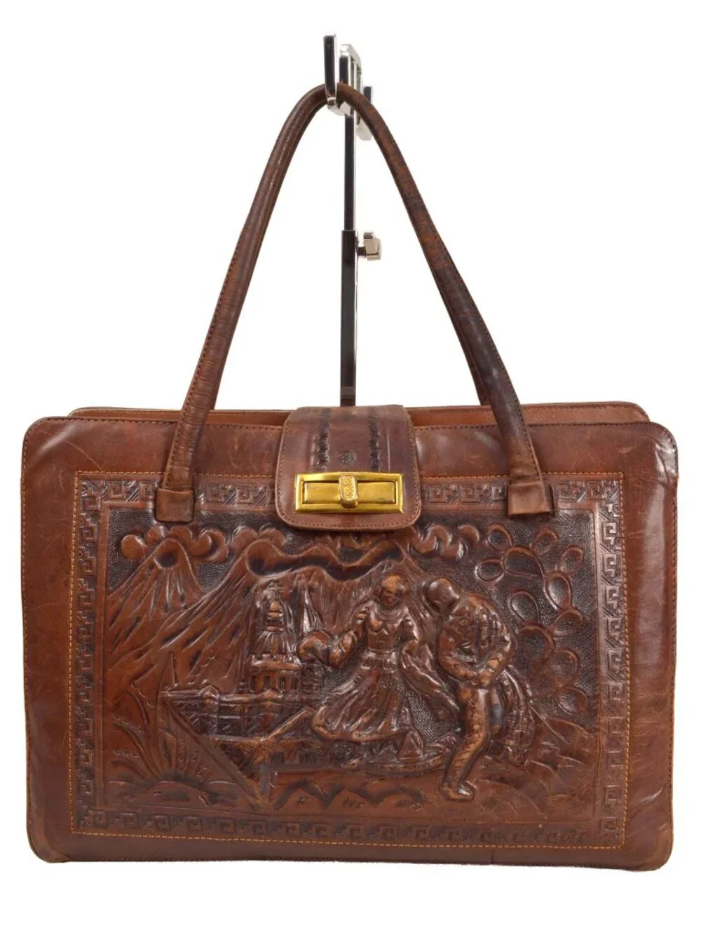 RARE! Mexican hand tooled vintage brown leather purse